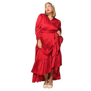 Ivy City Co XL Mi Amor Dress Red Satin Maxi Tiered Wrap VNeck Wedding Guest Boho
